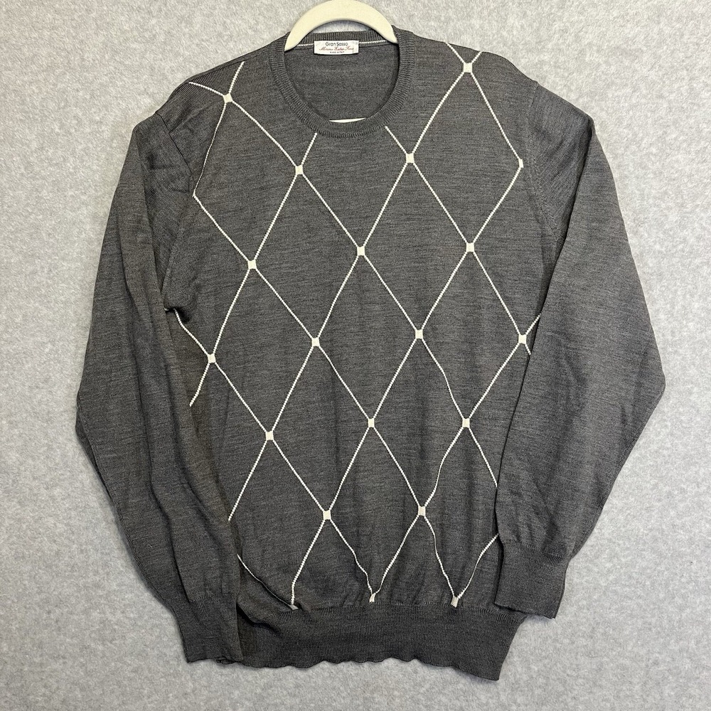 Gran Sasso Italian Fine Merino Argyle‎ Sweater Mens XL Crew Neck Pullover Preppy